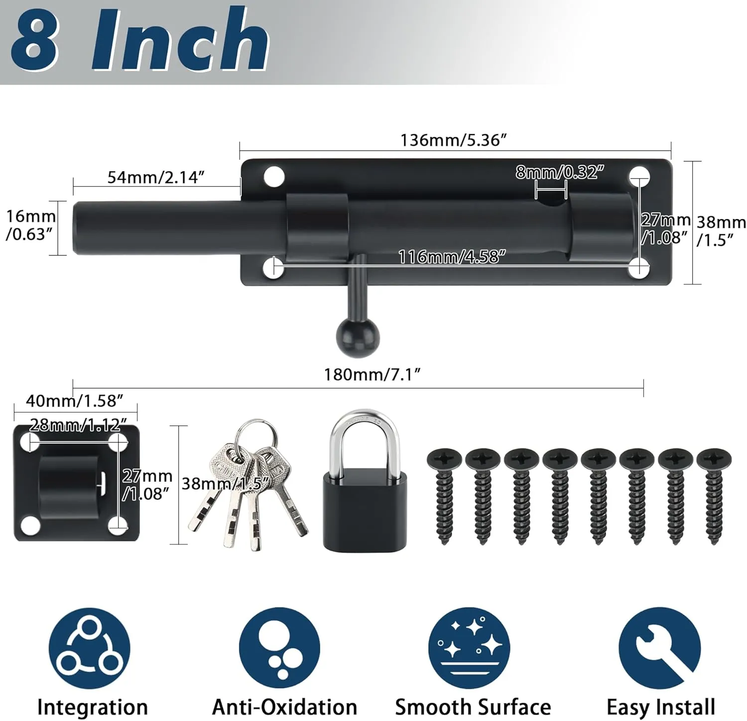 Alise 8inch Barrel Bolt Latch, Slide Bolt Latch, Heavy Solid 304 Stainless Steel Slide Lock for Fence/Wooden/Barn Door/Interior/Outdoor,Matte Black