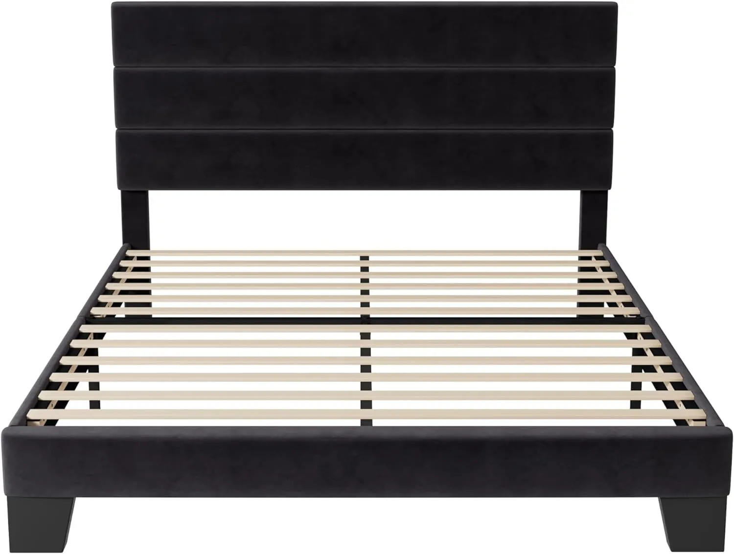 Allewie Queen Size Platform Bed Frame with Velvet Upholstered Headboard and Wooden Slats Support, Fully Upholstered Mattress Foundation/No Box Spring Needed/Easy Assembly, Black