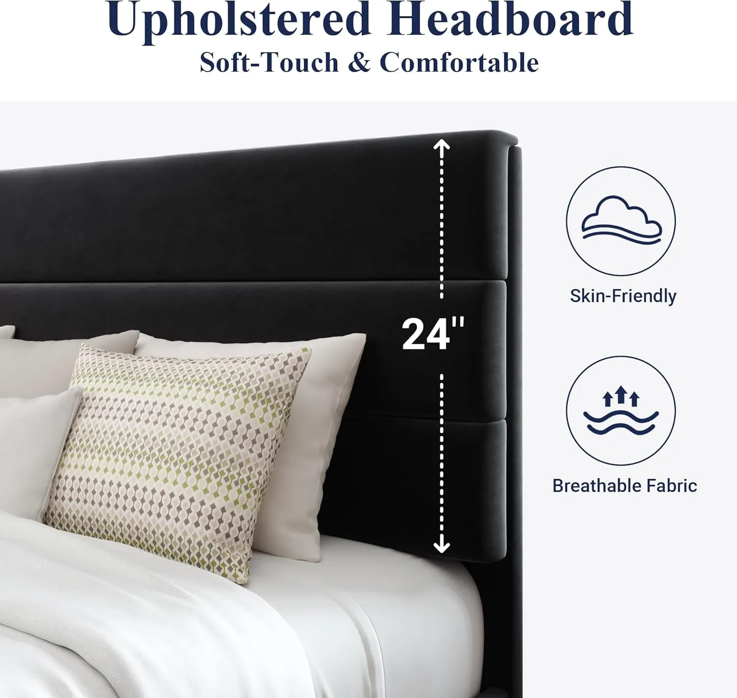 Allewie Queen Size Platform Bed Frame with Velvet Upholstered Headboard and Wooden Slats Support, Fully Upholstered Mattress Foundation/No Box Spring Needed/Easy Assembly, Black