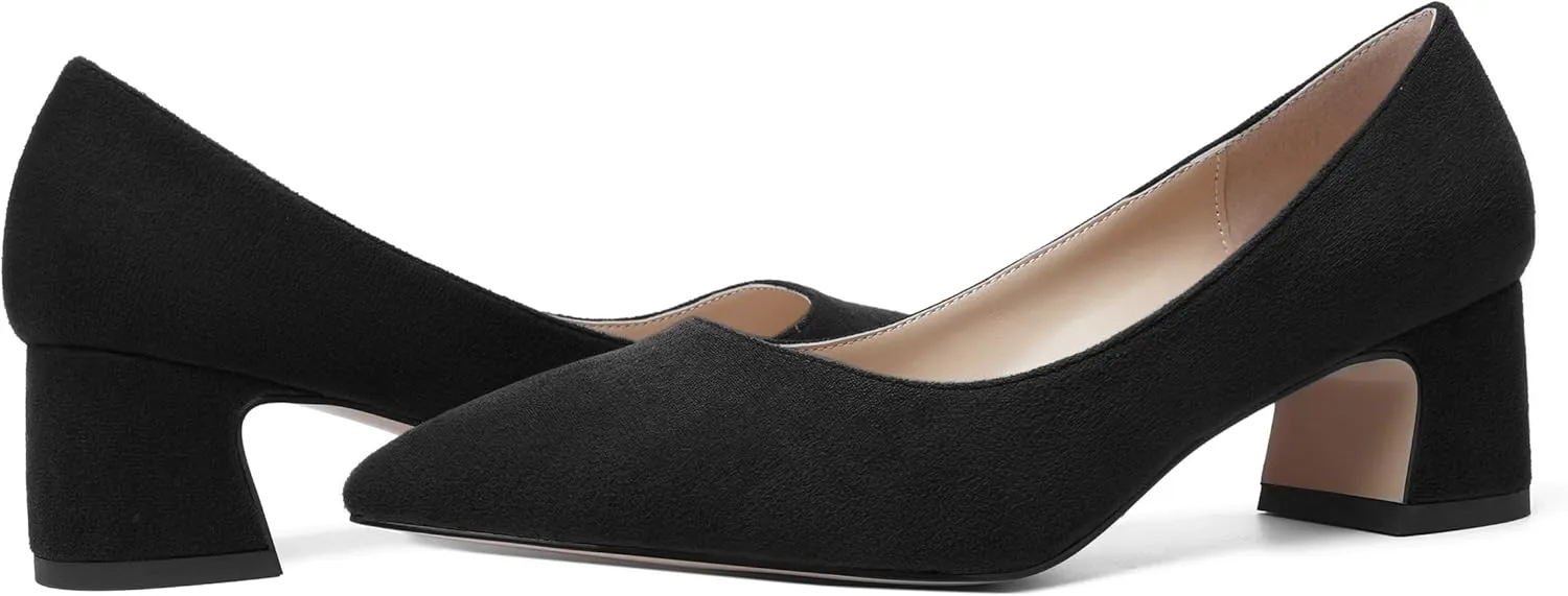 AMBELIGHT Womens Block Office Slip On Casual Suede Pointed Toe Chunky Low Heel Pumps Shoes 2 Inch