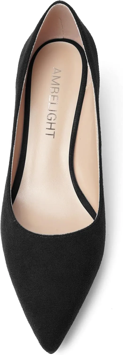 AMBELIGHT Womens Block Office Slip On Casual Suede Pointed Toe Chunky Low Heel Pumps Shoes 2 Inch