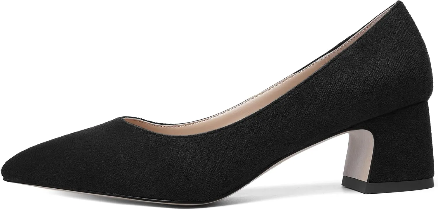 AMBELIGHT Womens Block Office Slip On Casual Suede Pointed Toe Chunky Low Heel Pumps Shoes 2 Inch