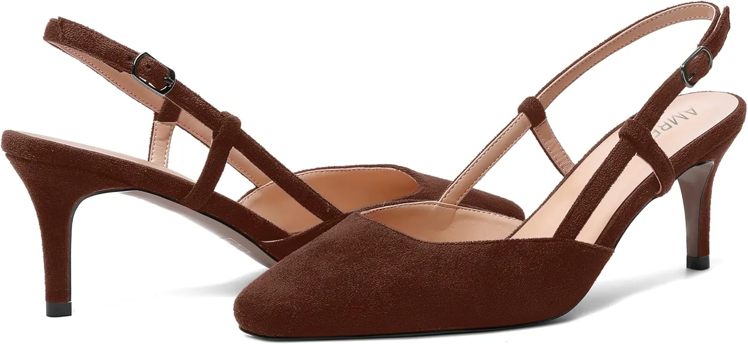 AMBELIGHT Womens Cute Office Square Toe Slingback Slip On Suede Kitten High Heel Pumps Shoes 2.5 Inch