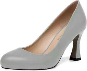 AMBELIGHT Womens Matte Solid Slip On Casual Evening Fashion Round Toe Chunky High Heel Pumps Shoes 3.3 Inch