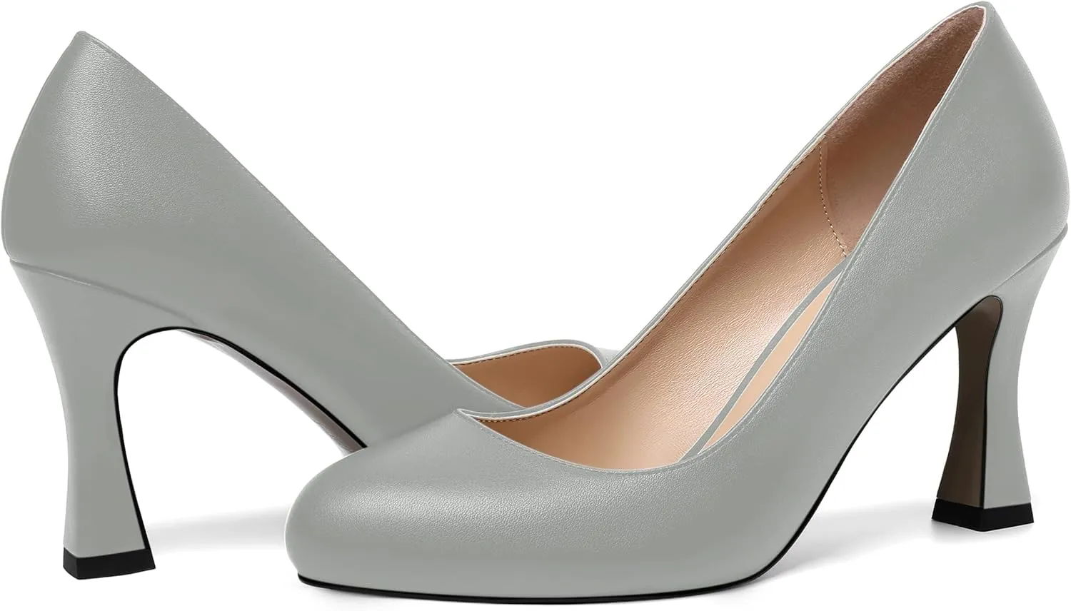 AMBELIGHT Womens Matte Solid Slip On Casual Evening Fashion Round Toe Chunky High Heel Pumps Shoes 3.3 Inch