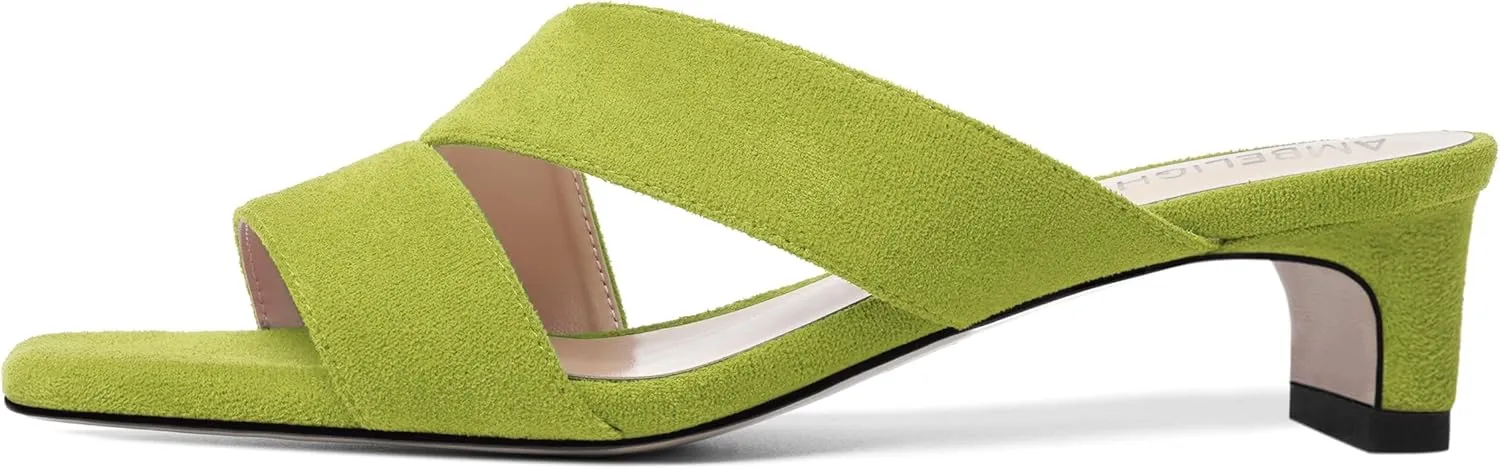 AMBELIGHT Womens Solid Slip On Suede Square Toe Indoor Fashion Chunky Low Heel Sandals 1.5 Inch