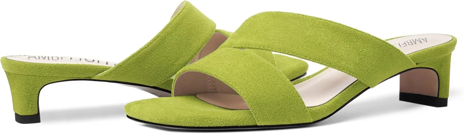 AMBELIGHT Womens Solid Slip On Suede Square Toe Indoor Fashion Chunky Low Heel Sandals 1.5 Inch