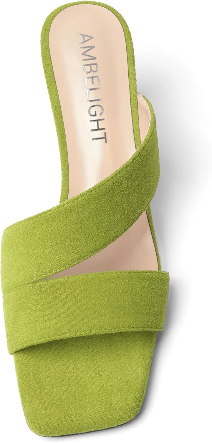 AMBELIGHT Womens Solid Slip On Suede Square Toe Indoor Fashion Chunky Low Heel Sandals 1.5 Inch