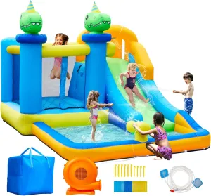 Anpro Inflatable Water Slide Bounce House, 6 in 1 Water Park Bounce House with Blower, Splash Slide, Climbing Wall, Splash Pool, Water Cannon for Kids Backyard Party, Outdoor Indoor, ACANRS0501-1-AP