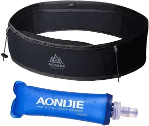 AONIJIE Running Belt Fanny Pack with 250ml Soft Water Bottle Flask for Women Men, Moisture Wicking Waist Pack Great for Marathon Climbing Jogging Cycling, for 6.8in Mobile Phone (Full Black: M/L)