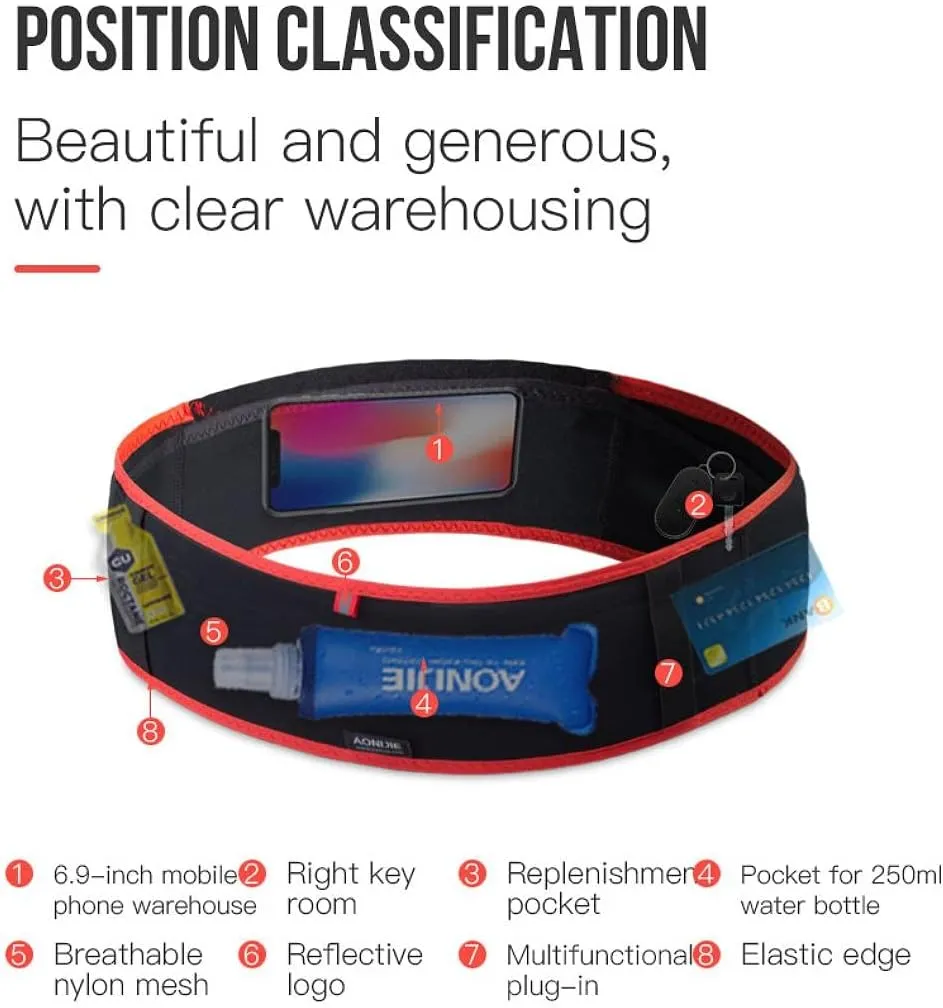 AONIJIE Running Belt Fanny Pack with 250ml Soft Water Bottle Flask for Women Men, Moisture Wicking Waist Pack Great for Marathon Climbing Jogging Cycling, for 6.8in Mobile Phone (Full Black: M/L)