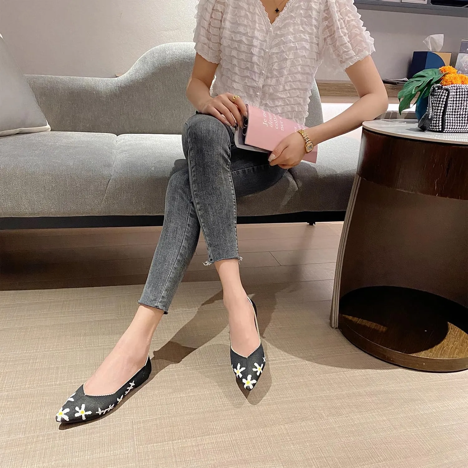 AOQUNFS Women's Ballet Flats Slip On Casual Pointed Toe Knit Flats Dressy Soft Walking Flats Shoes for Daily