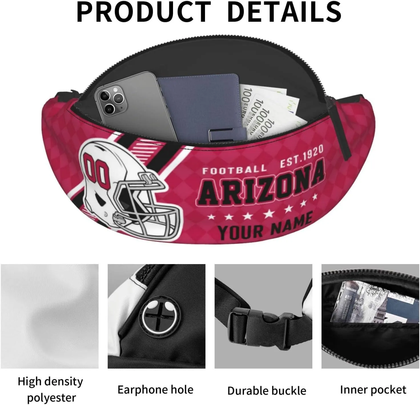 Arizona Waist Bag Adjustable Football Belt Bag Personalized Custom Fanny Pack Sports Hiking Running Belt Waist Pack for Women Men Fans Gifts