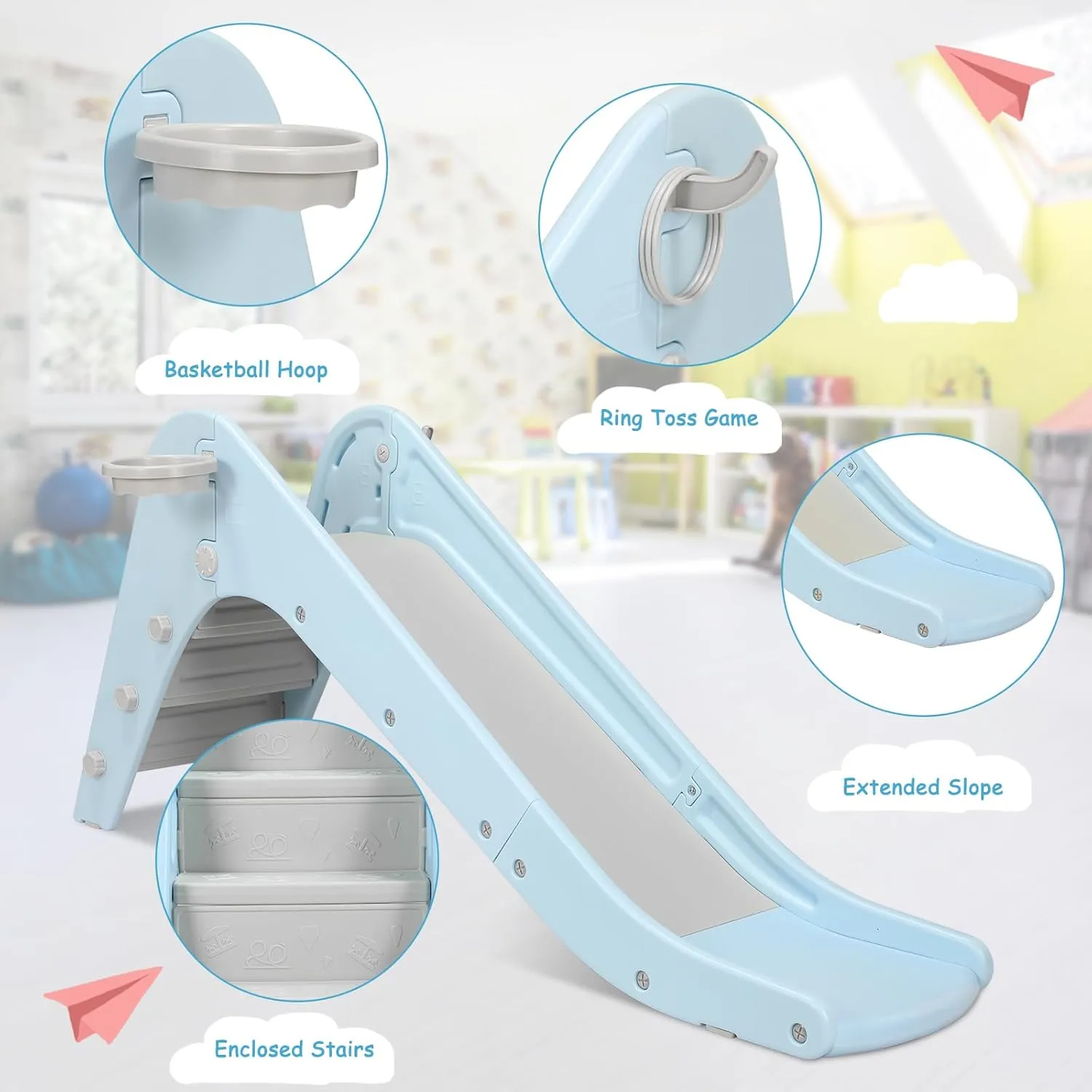 Arlopu Freestanding Kids Slide, Toddler Slide Climber w/Hoop & Ball, Ring Toss, Baby Playset w/Long Slope, Safe Closed Stairs, for Boys Girls Birthday, Playground Indoor (Sky Blue)
