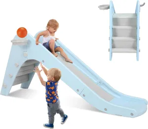 Arlopu Freestanding Kids Slide, Toddler Slide Climber w/Hoop & Ball, Ring Toss, Baby Playset w/Long Slope, Safe Closed Stairs, for Boys Girls Birthday, Playground Indoor (Sky Blue)