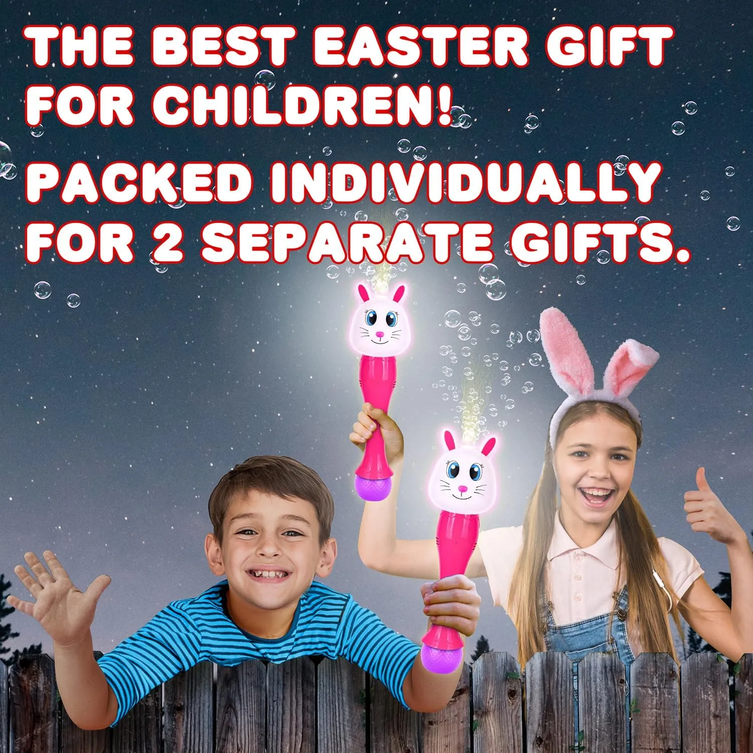 ArtCreativity Easter Bunny Bubble Wand (2 Pack), Easter Basket Stuffers for Toddler, 14" Light Up Automatic Bubble Maker with LED & Music, Bubbles for Kids, Toys for Toddlers 1-3