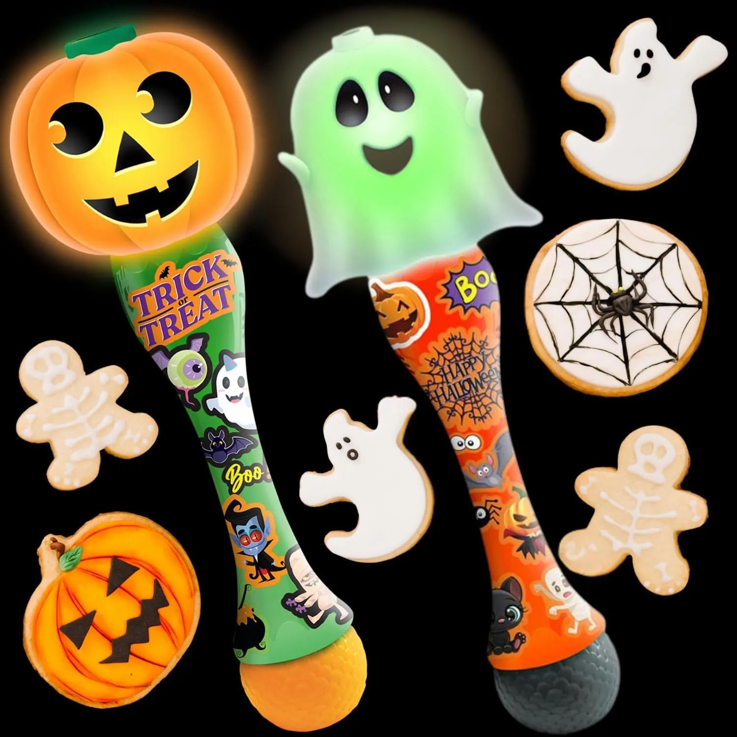 ArtCreativity Halloween Bubble Wand for Kids (2 Pack), 14" Light Up Pumpkin & Ghost Bubble Wand with LED & Halloween Music, Halloween Boo Basket Stuffers for Kids, Toys for Toddlers