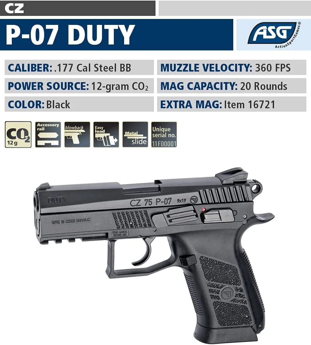 ASG CZ 75 P-07 Duty Black and Two-Tone CO2 BB Gun Pistol .177 Cal Steel, Blowback and Non-Blowback