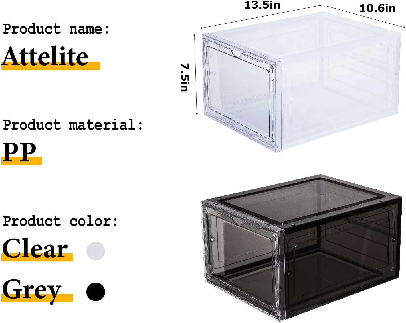 Attelite Shoe Box,Set of 6,Stackable Plastic Clear Shoe Box Organizer with Magnetic Door,Shoe Storage Box Thicken Sturdy,Easy Assembly,Fit up to US Size 12,Black