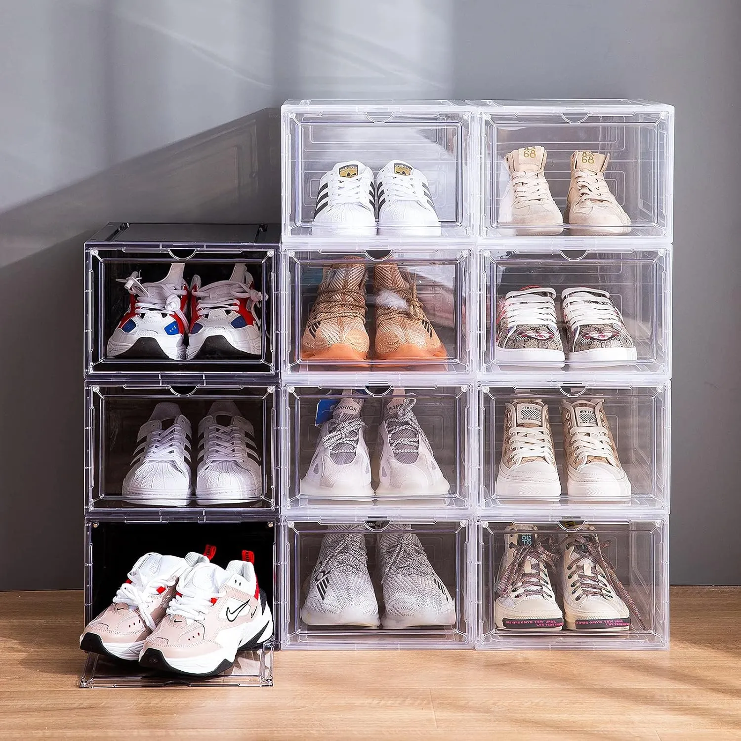 Attelite Shoe Box,Set of 6,Stackable Plastic Clear Shoe Box Organizer with Magnetic Door,Shoe Storage Box Thicken Sturdy,Easy Assembly,Fit up to US Size 12,Black