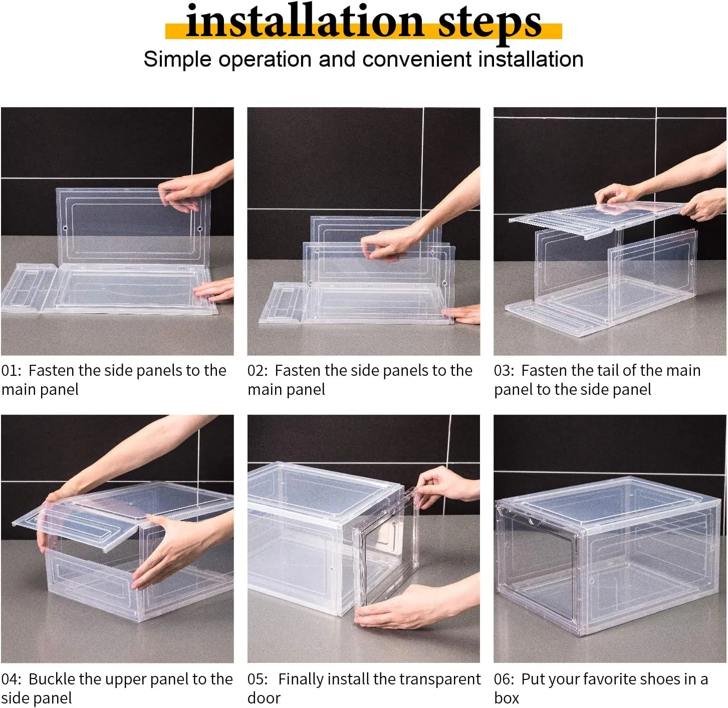 Attelite Shoe Box,Set of 6,Stackable Plastic Clear Shoe Box Organizer with Magnetic Door,Shoe Storage Box Thicken Sturdy,Easy Assembly,Fit up to US Size 12,Black
