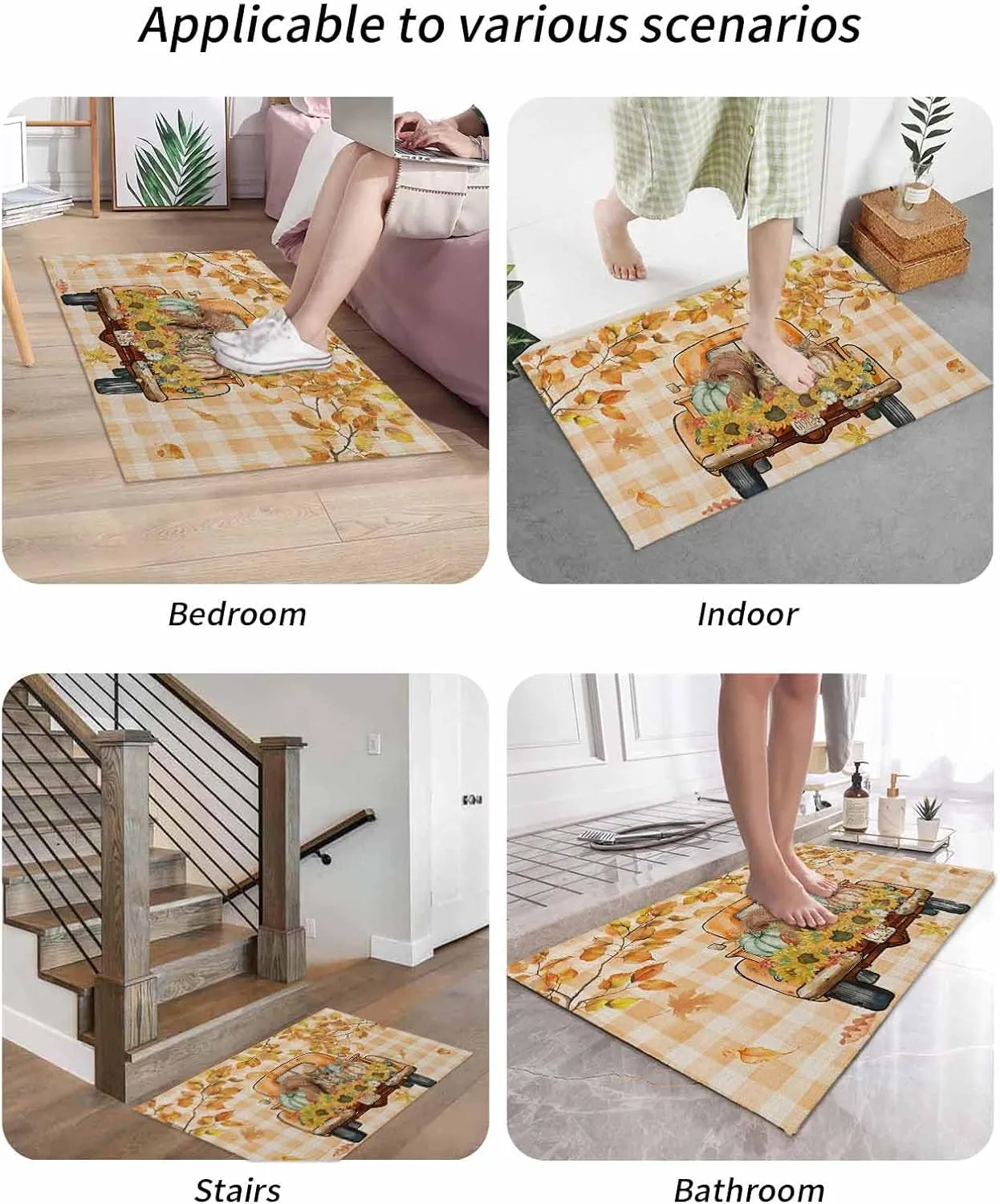 Autumn Indoor Door Mat Washable Mat 24x32 Inch - Outdoor Non-Slip Mat Absorbent Resist Dirt Doormats Hello Fall Tuck Punpkin Sunflowers Leaf Check Orange Floor Mat for Entryway Patio Bathroom