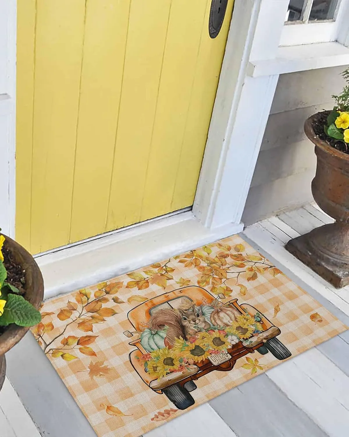 Autumn Indoor Door Mat Washable Mat 24x32 Inch - Outdoor Non-Slip Mat Absorbent Resist Dirt Doormats Hello Fall Tuck Punpkin Sunflowers Leaf Check Orange Floor Mat for Entryway Patio Bathroom