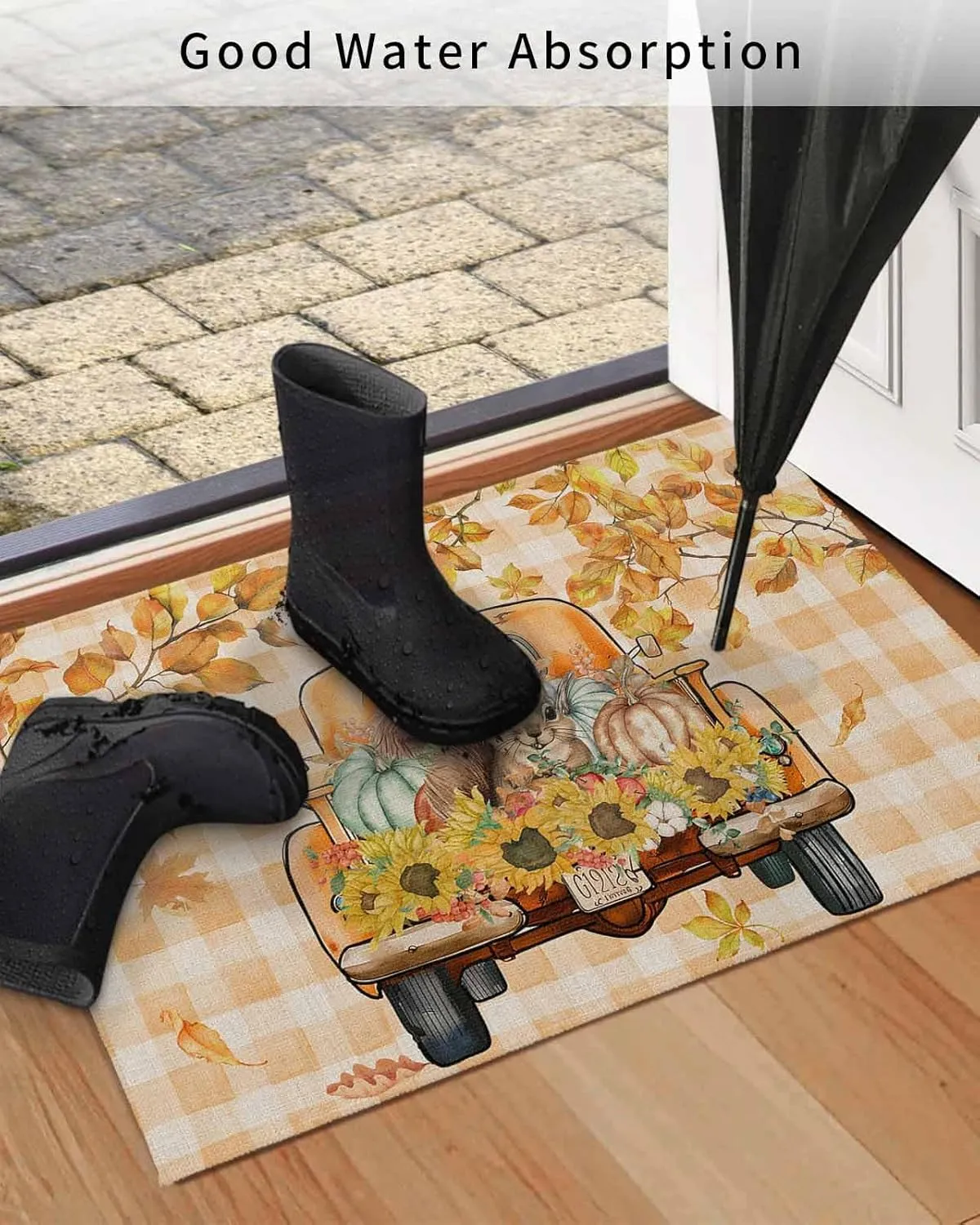 Autumn Indoor Door Mat Washable Mat 24x32 Inch - Outdoor Non-Slip Mat Absorbent Resist Dirt Doormats Hello Fall Tuck Punpkin Sunflowers Leaf Check Orange Floor Mat for Entryway Patio Bathroom