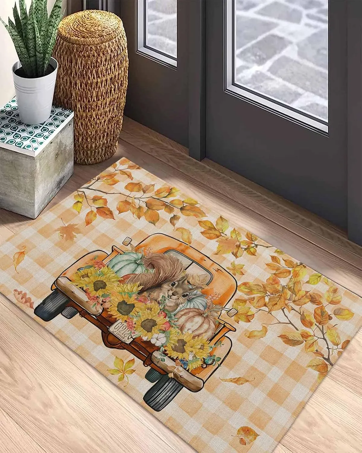 Autumn Indoor Door Mat Washable Mat 24x32 Inch - Outdoor Non-Slip Mat Absorbent Resist Dirt Doormats Hello Fall Tuck Punpkin Sunflowers Leaf Check Orange Floor Mat for Entryway Patio Bathroom