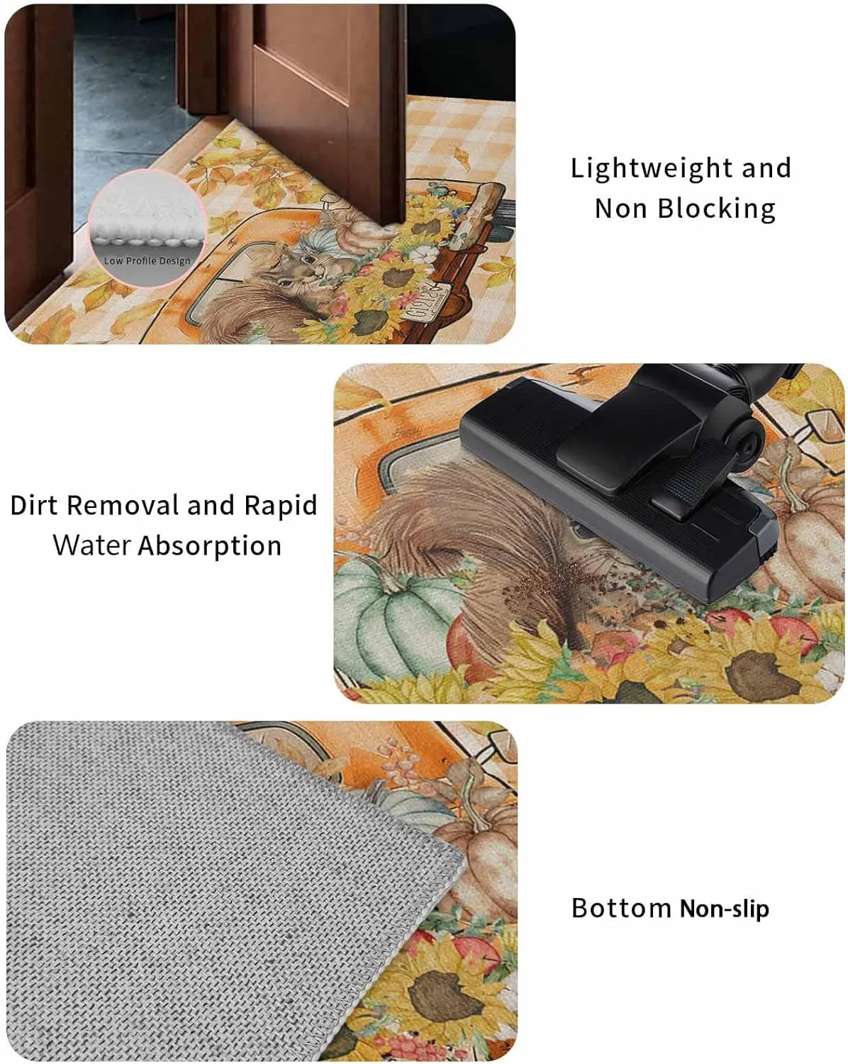 Autumn Indoor Door Mat Washable Mat 24x32 Inch - Outdoor Non-Slip Mat Absorbent Resist Dirt Doormats Hello Fall Tuck Punpkin Sunflowers Leaf Check Orange Floor Mat for Entryway Patio Bathroom