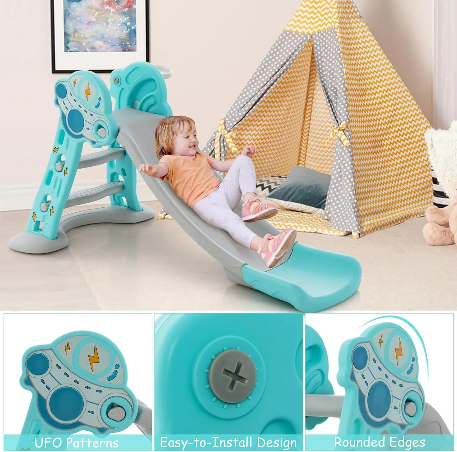 BABY JOY Toddler Slide, 3 in 1 Folding Baby Slide Climber Playset, Freestanding Slide with Long Slipping Slope, Basketball Hoop, Indoor and Outdoor Playground for Kids Boys & Girls Gift Present
