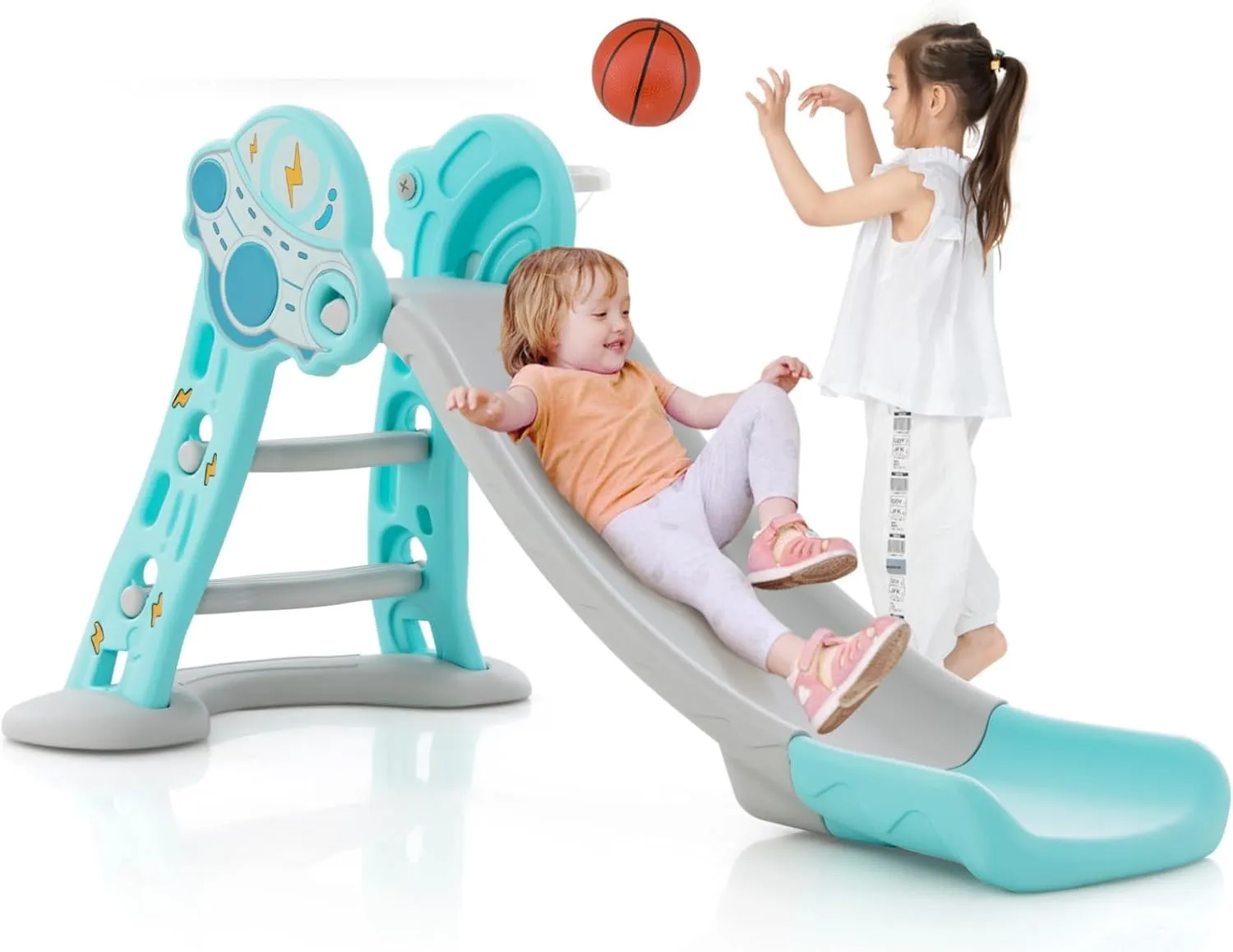 BABY JOY Toddler Slide, 3 in 1 Folding Baby Slide Climber Playset, Freestanding Slide with Long Slipping Slope, Basketball Hoop, Indoor and Outdoor Playground for Kids Boys & Girls Gift Present