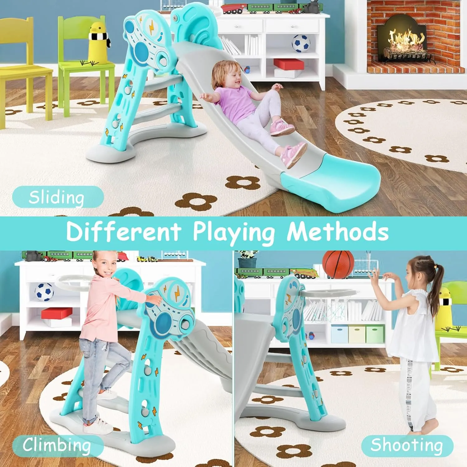BABY JOY Toddler Slide, 3 in 1 Folding Baby Slide Climber Playset, Freestanding Slide with Long Slipping Slope, Basketball Hoop, Indoor and Outdoor Playground for Kids Boys & Girls Gift Present