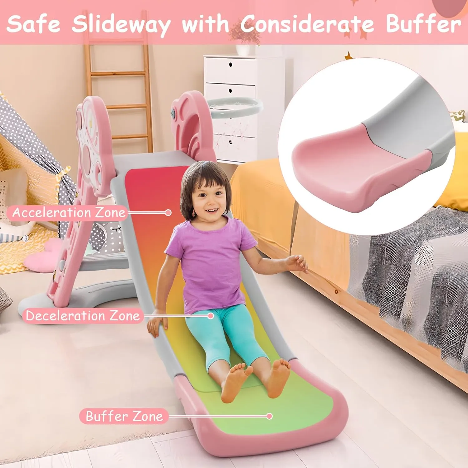 BABY JOY Toddler Slide, 3 in 1 Folding Baby Slide Climber Playset, Freestanding Slide with Long Slipping Slope, Basketball Hoop, Indoor and Outdoor Playground for Kids Boys & Girls Gift Present