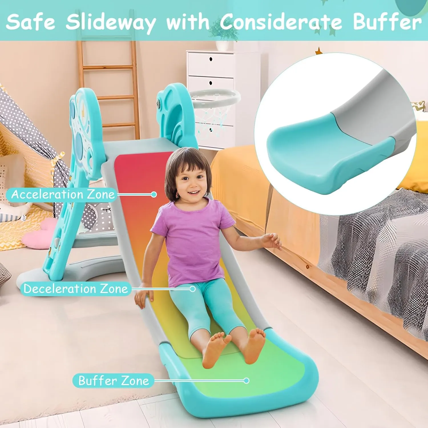 BABY JOY Toddler Slide, 3 in 1 Folding Baby Slide Climber Playset, Freestanding Slide with Long Slipping Slope, Basketball Hoop, Indoor and Outdoor Playground for Kids Boys & Girls Gift Present