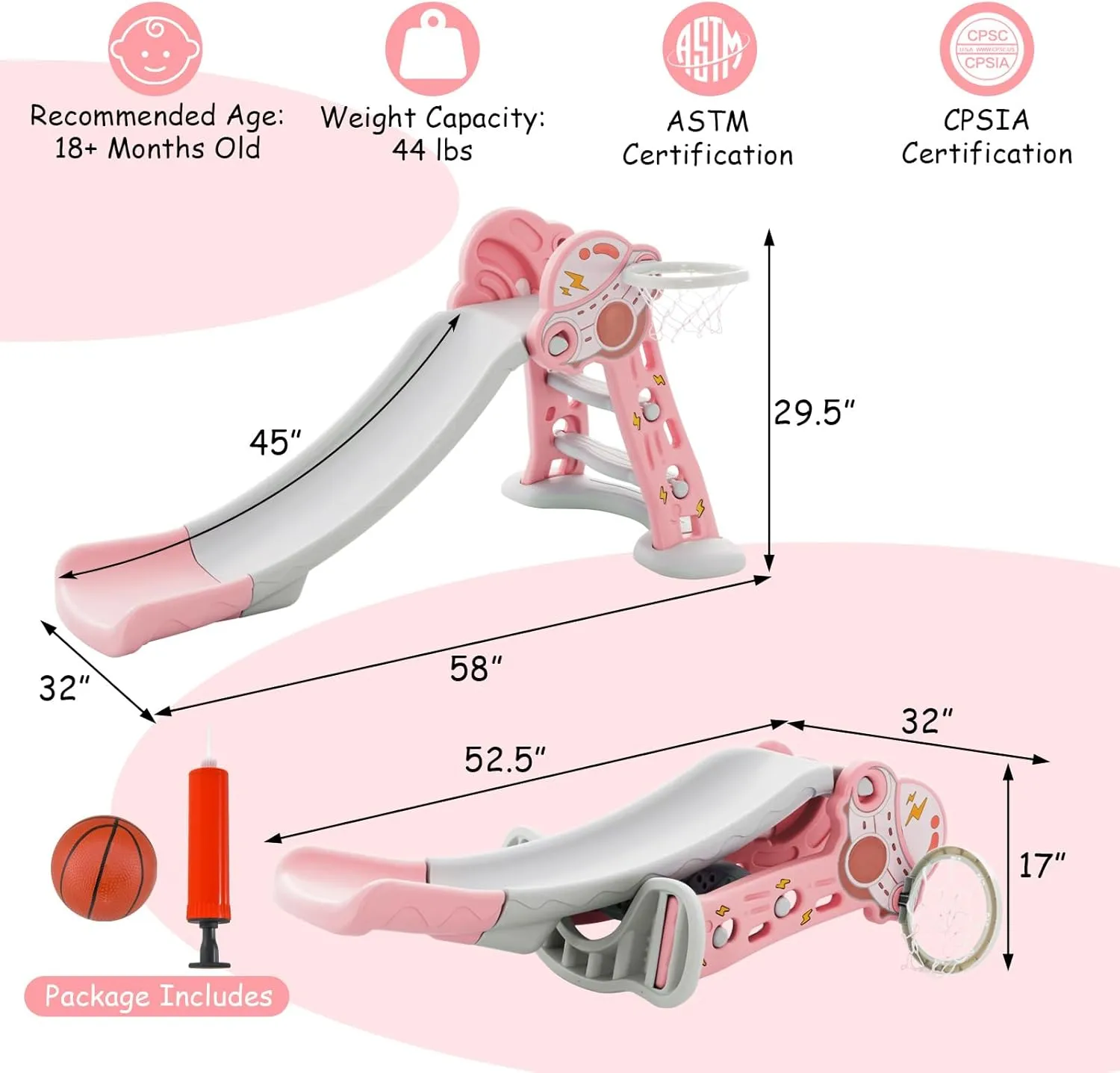 BABY JOY Toddler Slide, 3 in 1 Folding Baby Slide Climber Playset, Freestanding Slide with Long Slipping Slope, Basketball Hoop, Indoor and Outdoor Playground for Kids Boys & Girls Gift Present