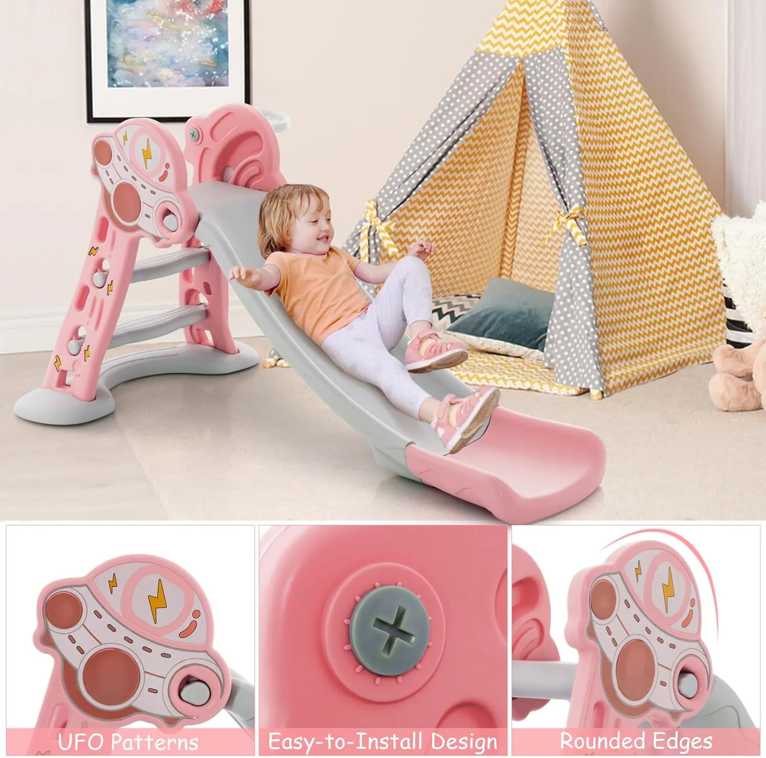 BABY JOY Toddler Slide, 3 in 1 Folding Baby Slide Climber Playset, Freestanding Slide with Long Slipping Slope, Basketball Hoop, Indoor and Outdoor Playground for Kids Boys & Girls Gift Present