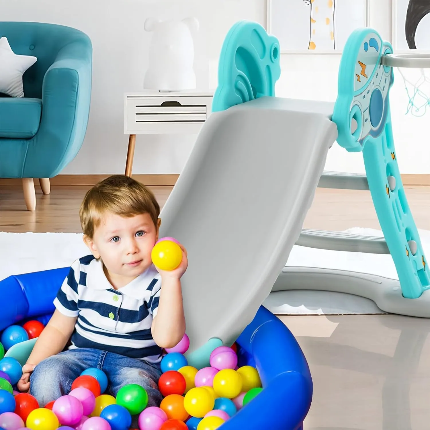 BABY JOY Toddler Slide, 3 in 1 Folding Baby Slide Climber Playset, Freestanding Slide with Long Slipping Slope, Basketball Hoop, Indoor and Outdoor Playground for Kids Boys & Girls Gift Present
