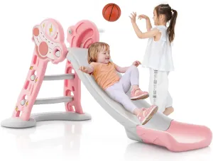BABY JOY Toddler Slide, 3 in 1 Folding Baby Slide Climber Playset, Freestanding Slide with Long Slipping Slope, Basketball Hoop, Indoor and Outdoor Playground for Kids Boys & Girls Gift Present