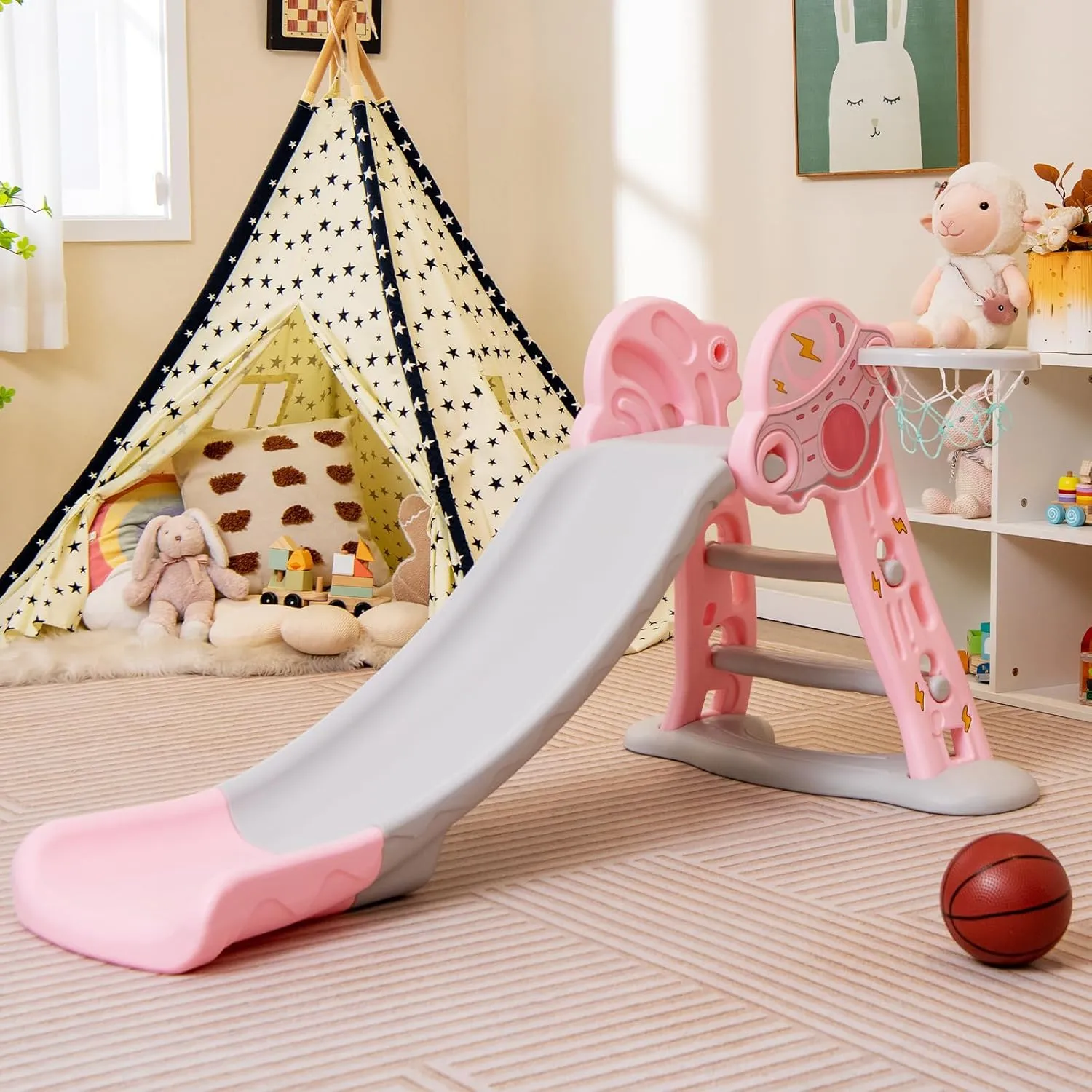 BABY JOY Toddler Slide, 3 in 1 Folding Baby Slide Climber Playset, Freestanding Slide with Long Slipping Slope, Basketball Hoop, Indoor and Outdoor Playground for Kids Boys & Girls Gift Present