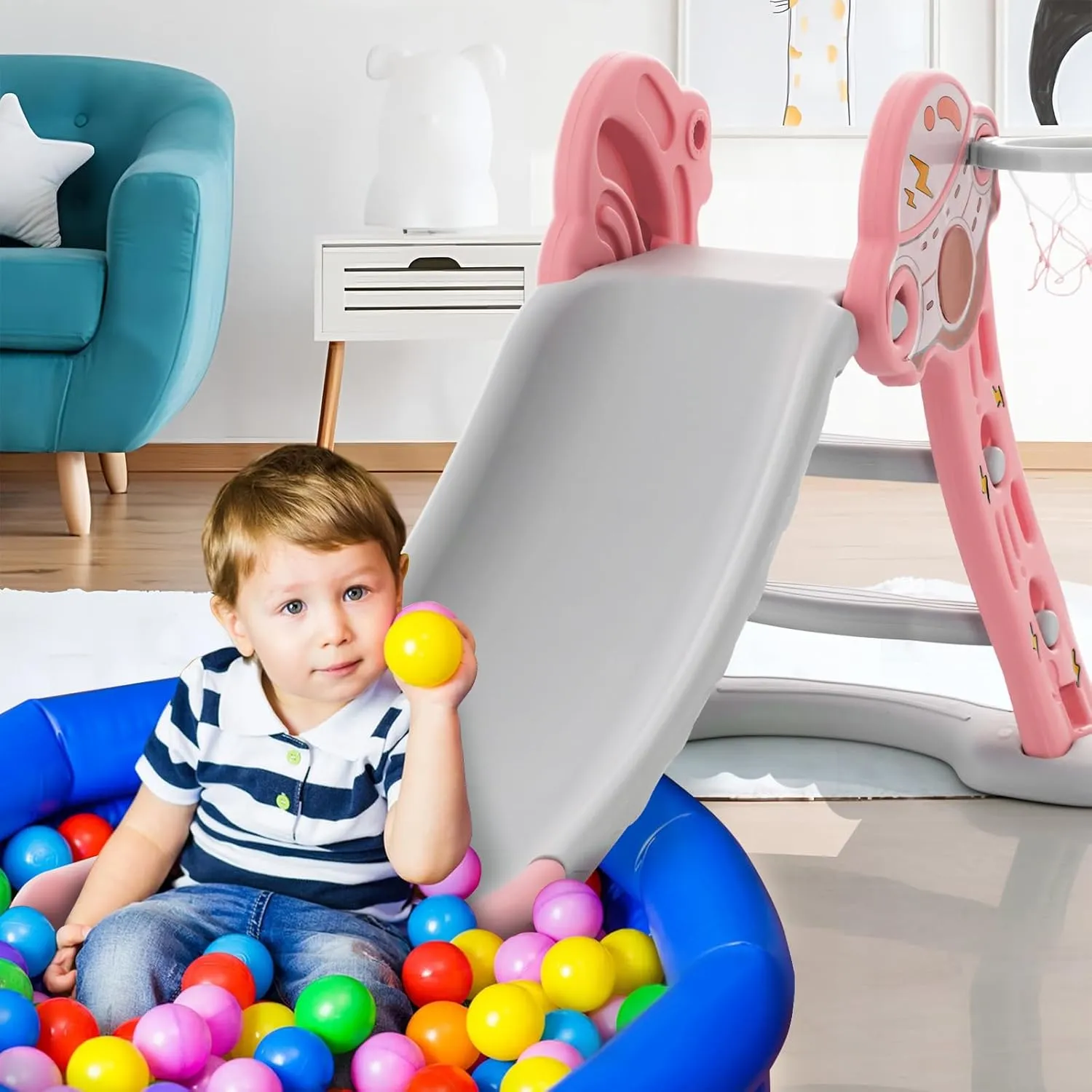 BABY JOY Toddler Slide, 3 in 1 Folding Baby Slide Climber Playset, Freestanding Slide with Long Slipping Slope, Basketball Hoop, Indoor and Outdoor Playground for Kids Boys & Girls Gift Present