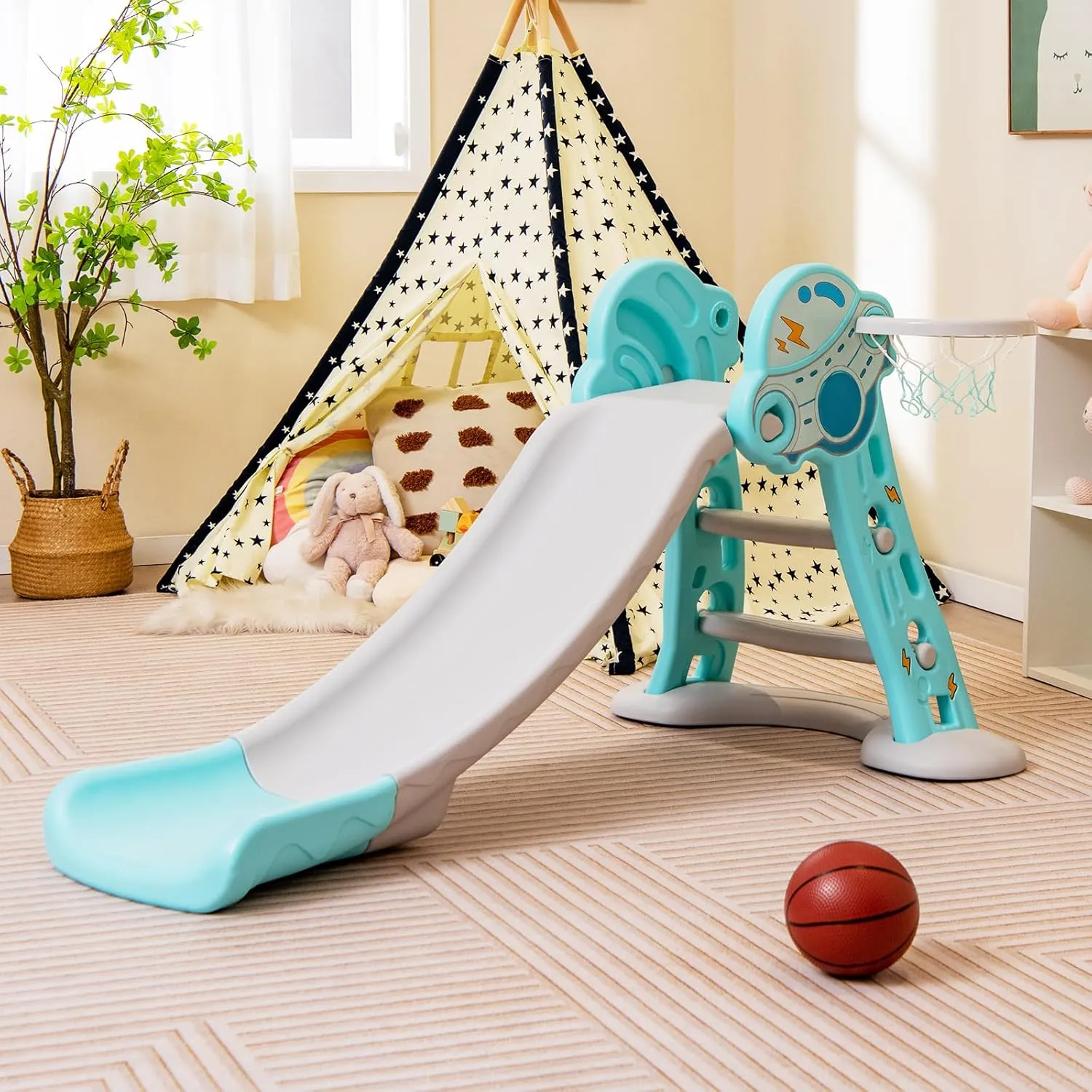 BABY JOY Toddler Slide, 3 in 1 Folding Baby Slide Climber Playset, Freestanding Slide with Long Slipping Slope, Basketball Hoop, Indoor and Outdoor Playground for Kids Boys & Girls Gift Present