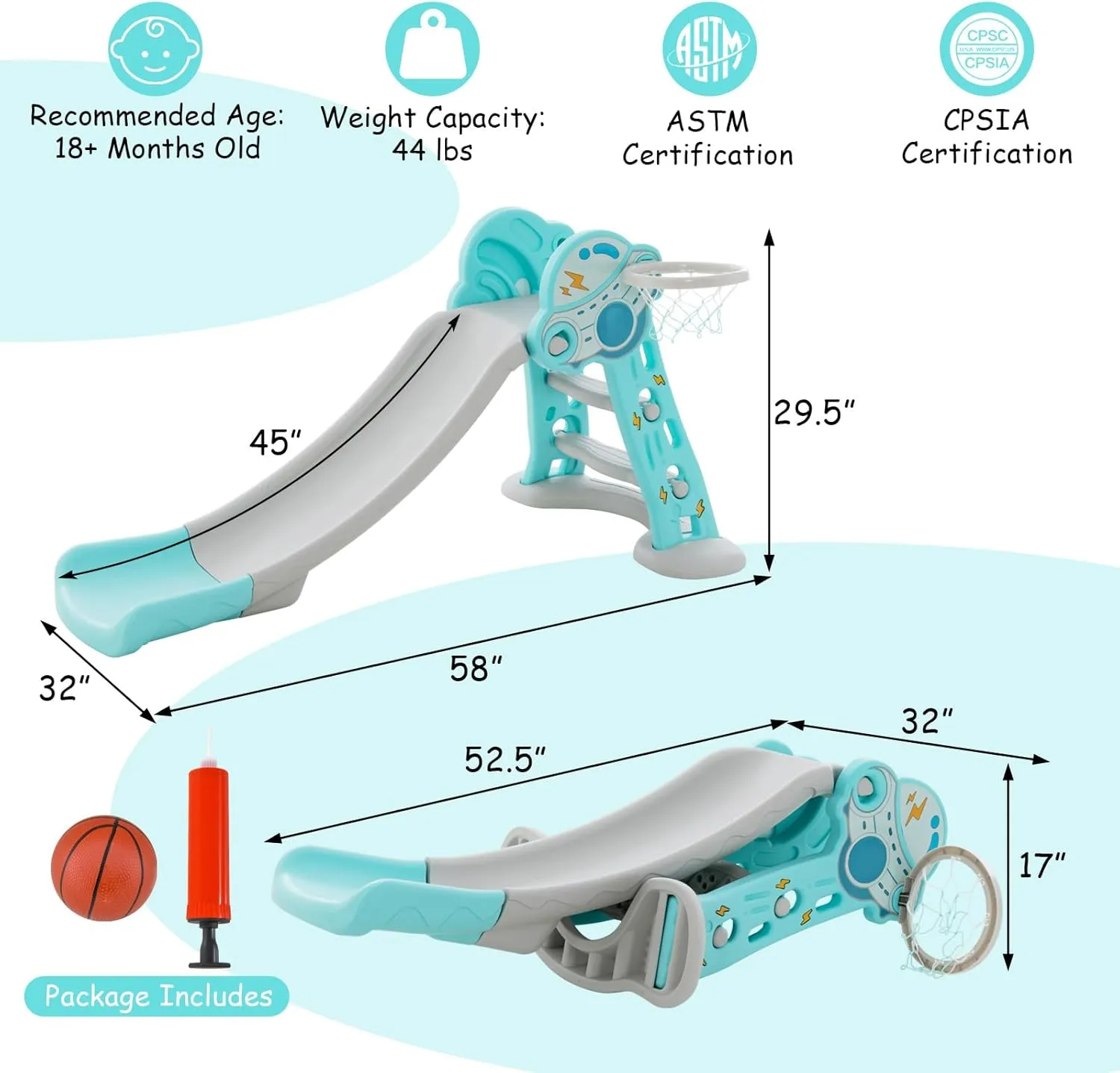 BABY JOY Toddler Slide, 3 in 1 Folding Baby Slide Climber Playset, Freestanding Slide with Long Slipping Slope, Basketball Hoop, Indoor and Outdoor Playground for Kids Boys & Girls Gift Present