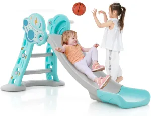 BABY JOY Toddler Slide, 3 in 1 Folding Baby Slide Climber Playset, Freestanding Slide with Long Slipping Slope, Basketball Hoop, Indoor and Outdoor Playground for Kids Boys & Girls Gift Present