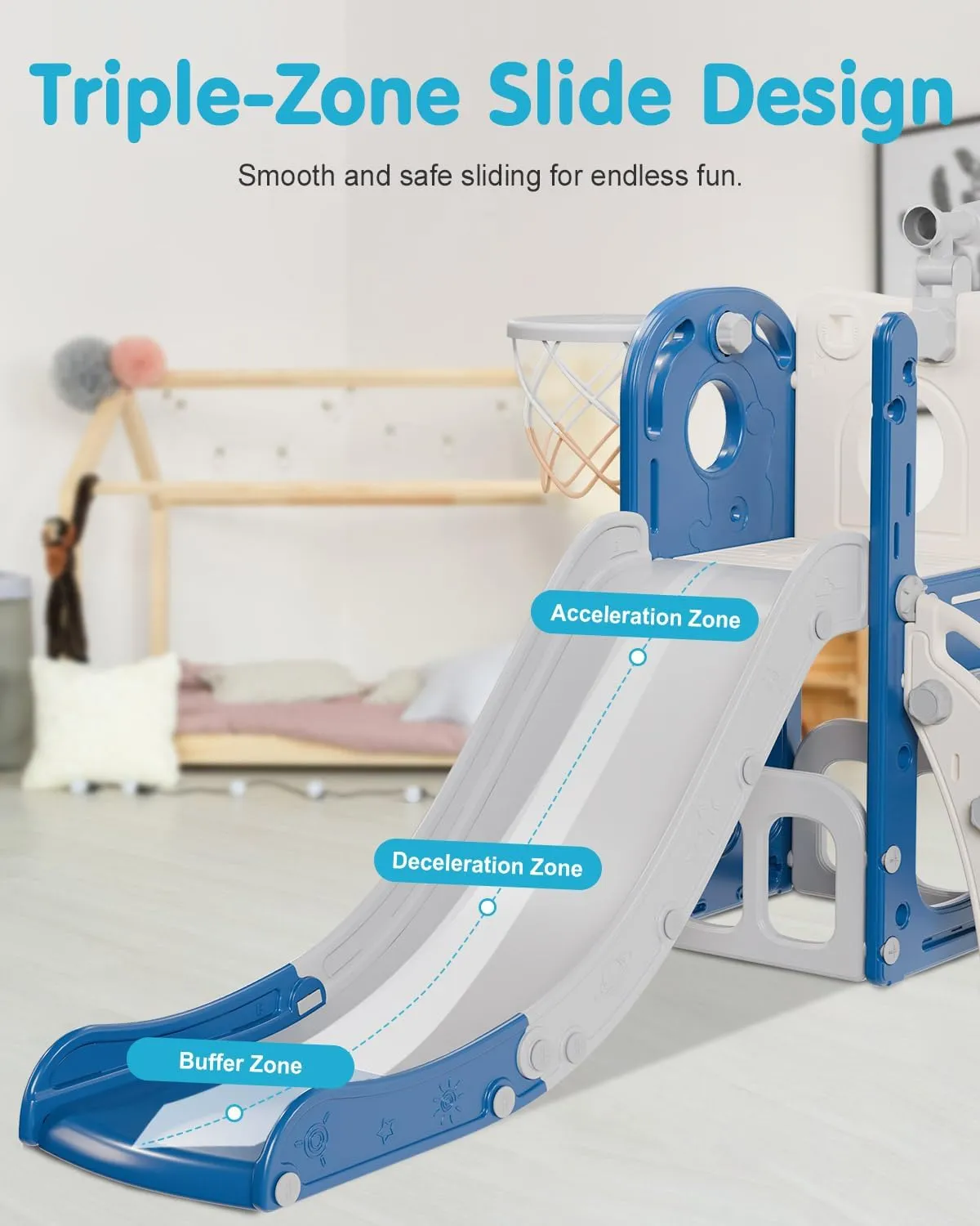 Babytronic Toddler Slide, 6 in 1 Kids Indoor Slide for Toddlers 1-3, Baby Indoor and Outdoor Climber Playset, Kids Slide with Basketball Hoop and Telescope, Toddler Outdoor Playground (Blue&Gray)