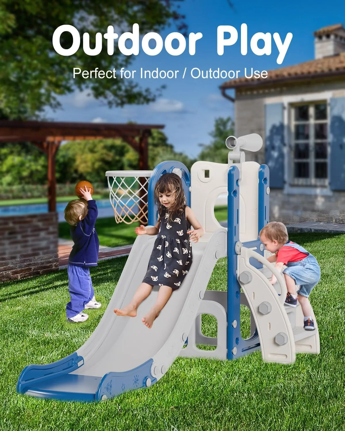 Babytronic Toddler Slide, 6 in 1 Kids Indoor Slide for Toddlers 1-3, Baby Indoor and Outdoor Climber Playset, Kids Slide with Basketball Hoop and Telescope, Toddler Outdoor Playground (Blue&Gray)