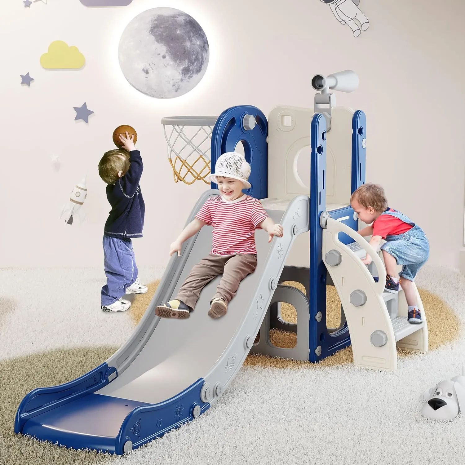 Babytronic Toddler Slide, 6 in 1 Kids Indoor Slide for Toddlers 1-3, Baby Indoor and Outdoor Climber Playset, Kids Slide with Basketball Hoop and Telescope, Toddler Outdoor Playground (Blue&Gray)