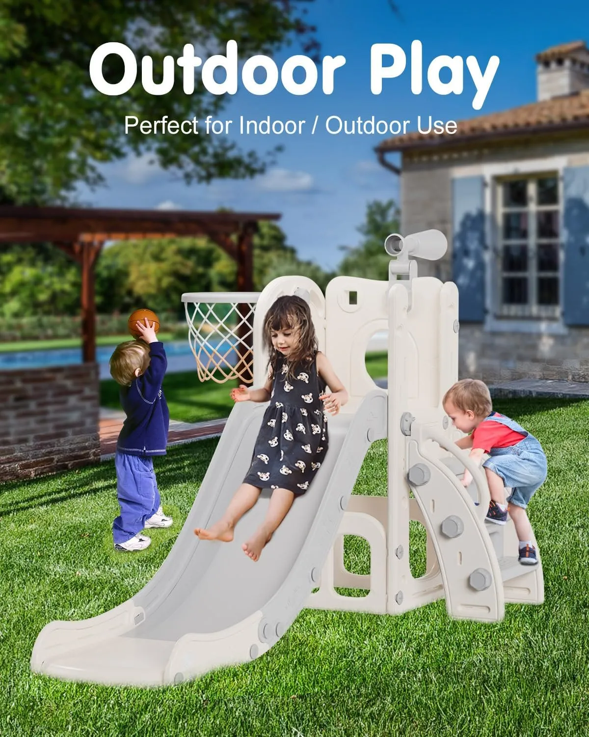 Babytronic Toddler Slide, 6 in 1 Kids Indoor Slide for Toddlers 1-3, Baby Indoor and Outdoor Climber Playset, Kids Slide with Basketball Hoop and Telescope, Toddler Outdoor Playground(White&Gray)
