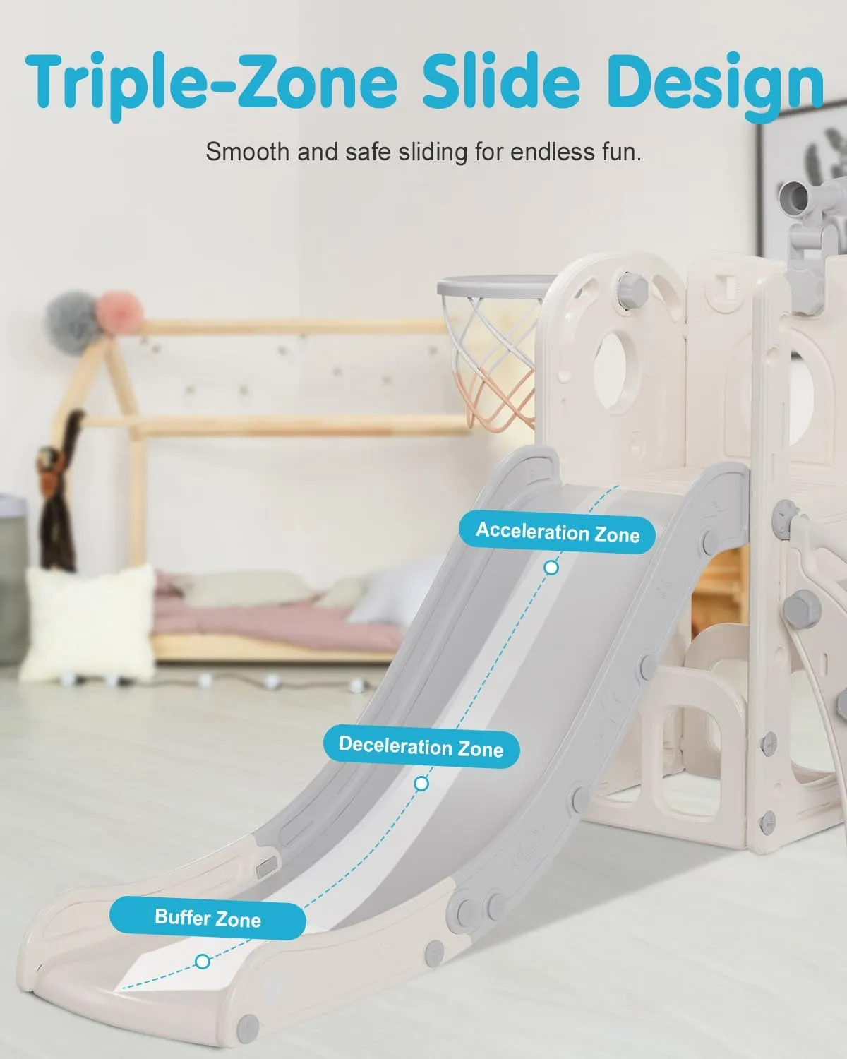 Babytronic Toddler Slide, 6 in 1 Kids Indoor Slide for Toddlers 1-3, Baby Indoor and Outdoor Climber Playset, Kids Slide with Basketball Hoop and Telescope, Toddler Outdoor Playground(White&Gray)