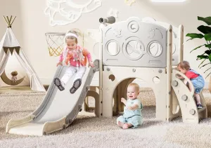 Babytronic Toddler Slide, 8 in 1 Kids Slide with Basketball Hoop, Telescope and Climber, Baby Slide Toddler Playground, Indoor Outdoor Playset for Toddlers Age 1-3, Kids Indoor Playground (White&Gray)